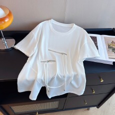 批发实拍 新中式不规则拉链开叉装饰<b class='q'>短袖</b>T恤<b class='q'>男</b>女款舒适百搭上衣