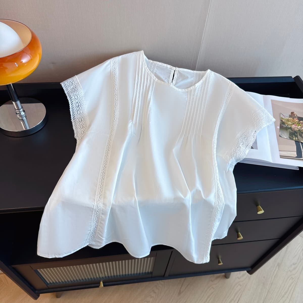 실사 지방 mm 프랑스식 특별 빅 사이즈 레이스 조각 루즈핏 여성용 짧은 소매 품격 인형 셔츠 맨위 빅 사이즈 여성 의류