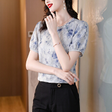 批发实拍中国风印花小衫<b class='q'>上衣</b>女夏季新款圆领气质百搭短袖衬衫