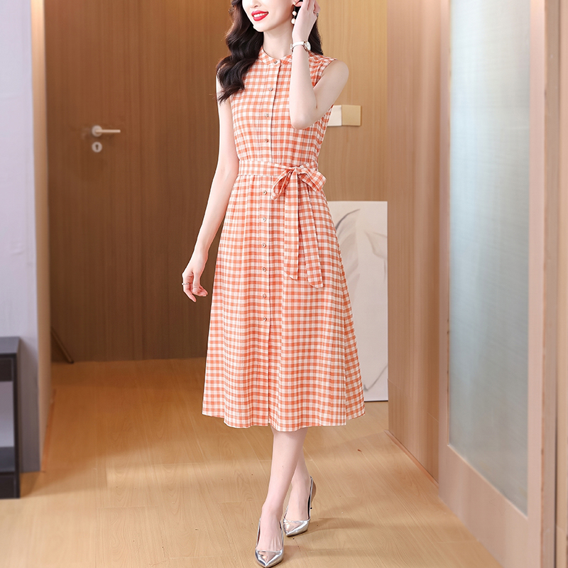 BY27022# 田园气质无袖格子连衣裙女夏新款腰带收腰显瘦中长裙 服裝批發女裝批發服飾貨源