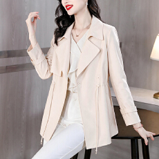 批发实拍<b class='q'>时尚</b>杏色西装领中长款风衣式外套女2026新款秋季宽松小个子