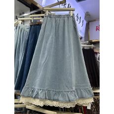 批发蕾丝花边拼接牛仔半身裙2025秋季新款松紧高腰<b class='q'>百搭</b>中长裙女