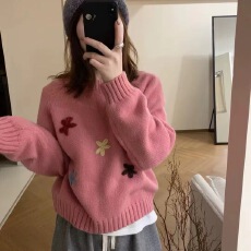 批发甜美立体花朵<b class='q'>刺绣</b>套头毛衣女2025秋冬新款时尚减龄加厚打底针织衫