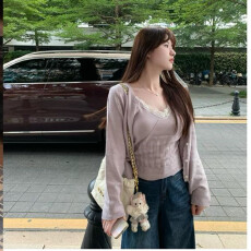 批发韩版十三行秋吊带性感蕾丝边针织打底+文艺淑女长袖开衫外套<b class='q'>套装</b>