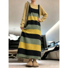 批发秋<b class='q'>冬</b>韩系休闲宽松慵懒风百搭撞色条纹设计感针织背带裙