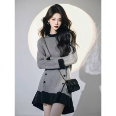 批发大码女装2025秋季女韩系名媛灰色羊毛针织连衣裙气质显瘦短裙