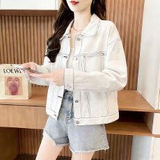 批发韩系明线设计感工装纯色牛仔<b class='q'>外套</b>女春秋2025新款宽松短款夹克上衣