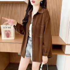 批发春夏新款高级韩版通勤明线拼接纽扣牛仔修身衬衫大口袋宽松上衣