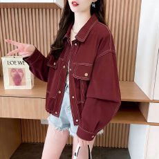 批发港风安可拉红明线牛仔外套女2026年春秋新款韩版宽松<b class='q'>百搭</b>夹克上衣