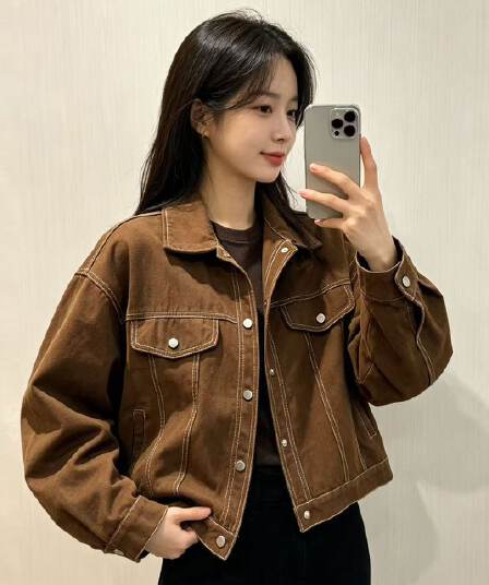 2026 가을 연삭 털 데님 여성 코트 작은 키 루즈핏 폴로 칼라 기타 색상 캐주얼 맨위