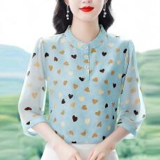 批发2026夏季时尚气质百搭<b class='q'>妈妈</b>通勤印花七分袖宽松透气衬衫
