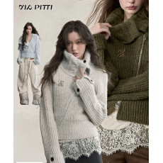 批发VIAPITTI设计感大<b class='q'>翻领</b>斜拉链针织开衫女装秋冬收腰百搭短款毛衣