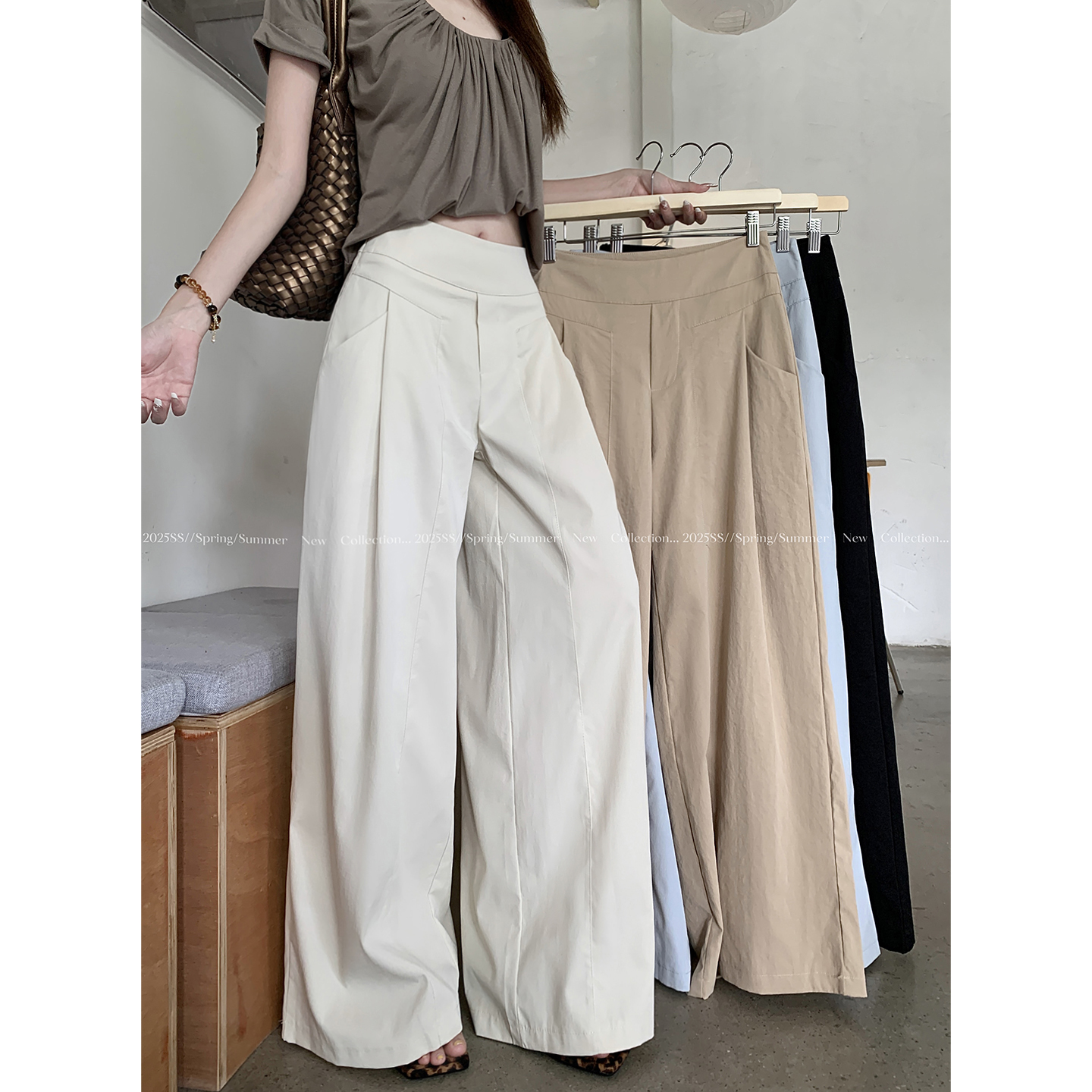 실사 2026 새로운 개성 디자인 센스 와이드 레깅스 바지 도루 센스 루즈핏 캐주얼 바지