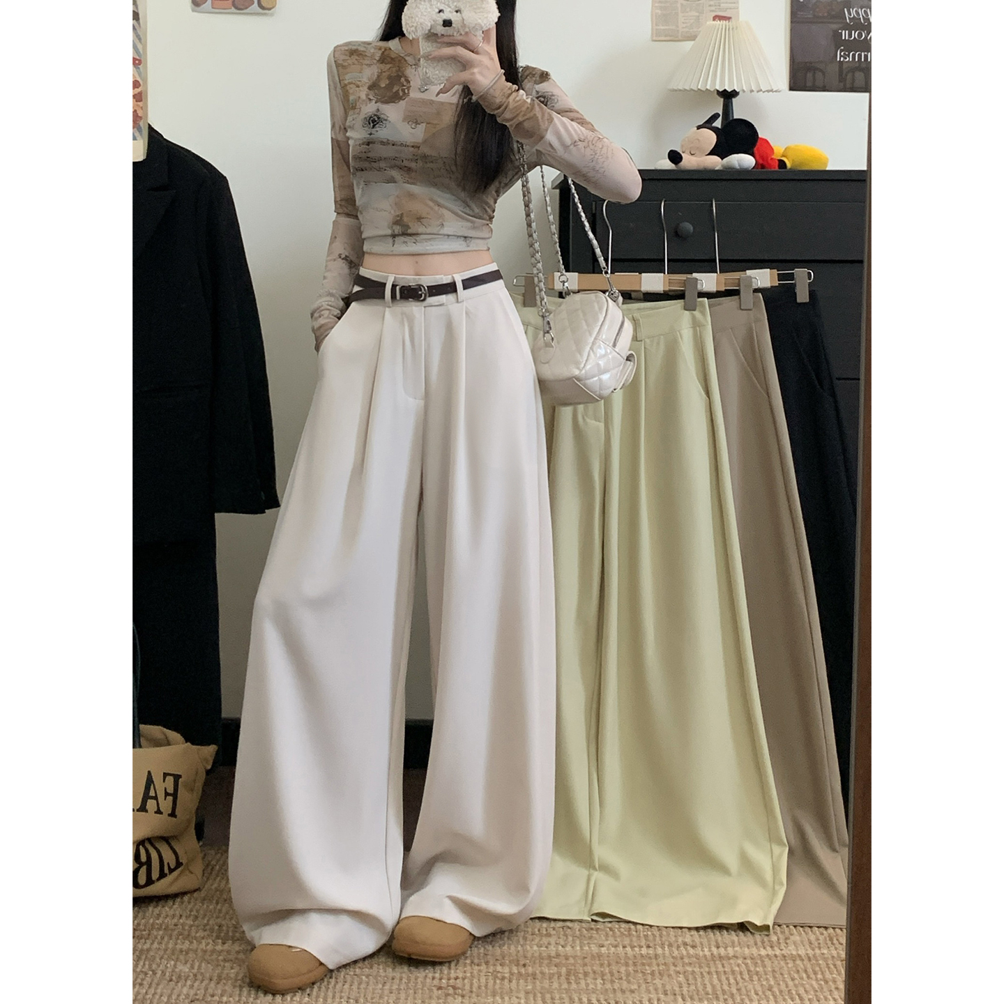 실사 2026 새로운 개성 허리 머리 디자인 센스 와이드 레깅스 바지 도루 센스 루즈핏 캐주얼 바닥 청소 바지