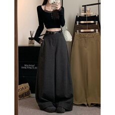 批发实拍!2025新款呢子休闲阔腿裤子女宽松卷边休闲裤女