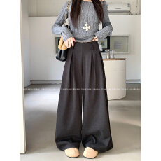 批发加绒新款设计感呢子阔腿裤<b class='q'>女</b>垂感宽松休闲裤子