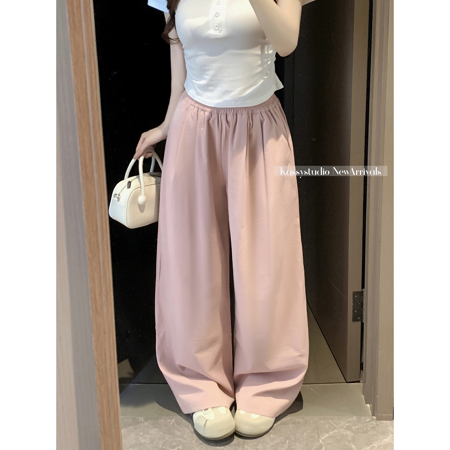 실사 새로운 허리밴드 슬림해 보이는 캐주얼 바지 여성 루즈핏 와이드 레그 팬츠