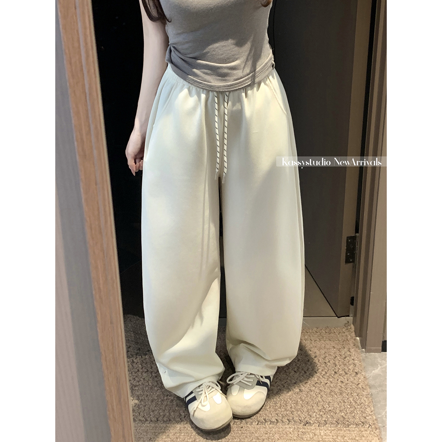 실사 2026 새로운 와이드 레그 팬츠 펌프 로프 레이스업 허리밴드 캐주얼 루즈핏 웨이 바지 여성