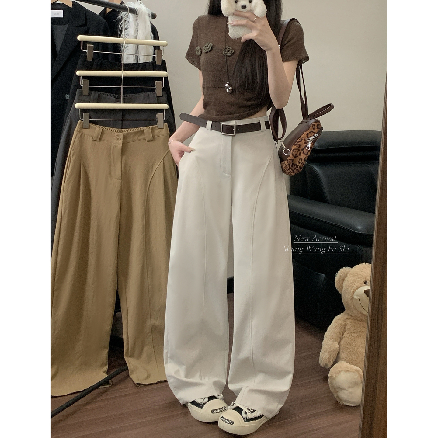 실사 2026 새로운 캐주얼 바지 디자인 센스 정장 바지 여성 하이웨이스트 슬림해 보이는 루즈핏 바지