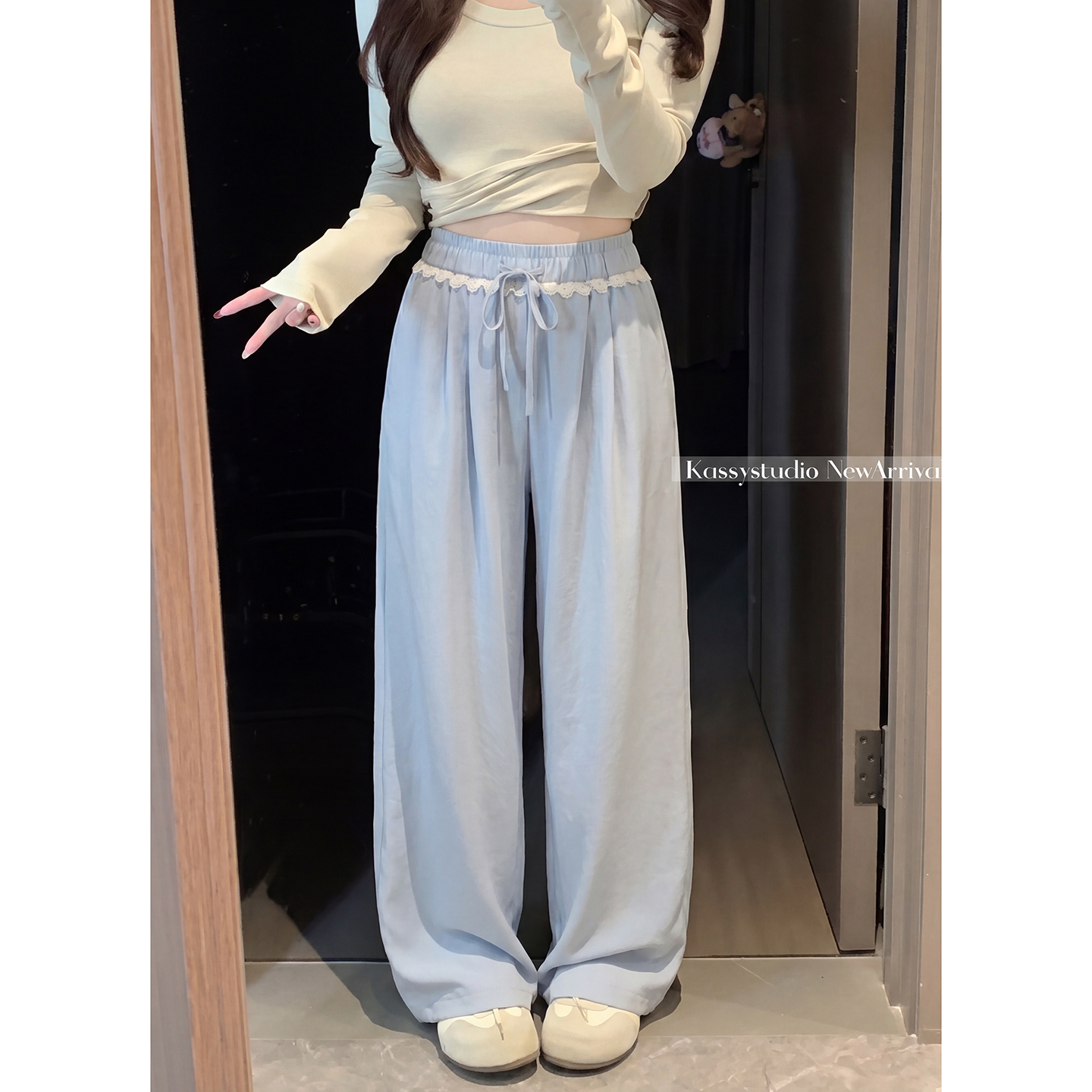 실사 2026 새로운 개성 레이스 와이드 레그 팬츠 펌프 로프 레이스업 허리밴드 캐주얼 루즈핏 바지 여성