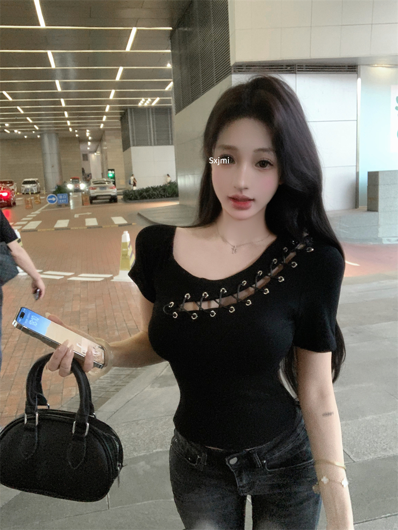 FA32559# 不规则显瘦绑带短款短袖上衣 服裝批發女裝批發服飾貨源