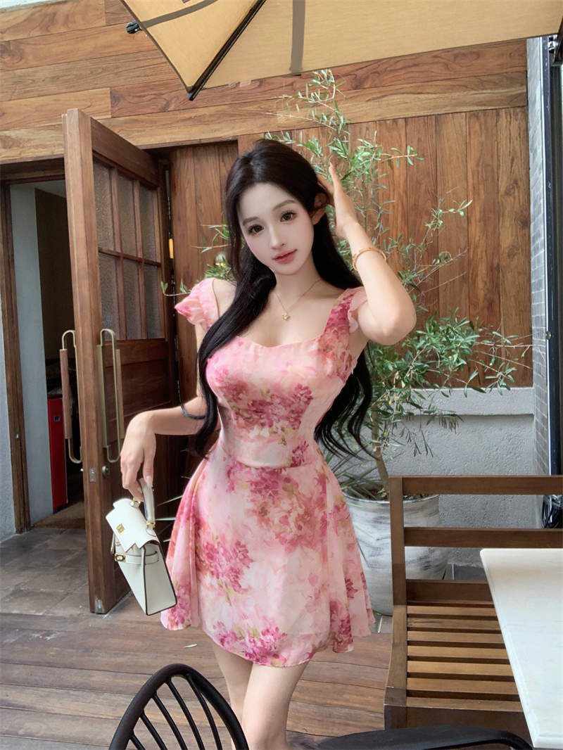 FA36407# 粉色花海印花绑带连衣裙甜美浪漫连衣裙 服裝批發女裝批發服飾貨源