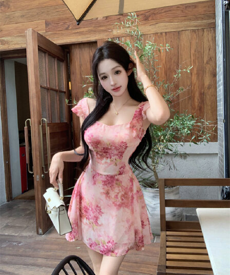 실사 정가 핑크색 꽃 바다 프린트 스트랩 드레스 달콤함 낭만주의 드레스