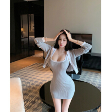 批发实拍实价针织套装女<b class='q'>秋</b>季包臀连衣裙短款小开衫两件套