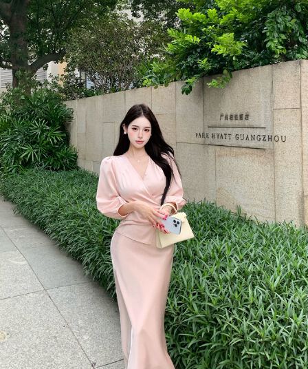 실사 정가 품격 새틴 모방 아세트산 세트 여성 가을 겨울 긴팔 맨위 반신 스커트 투피스 세트