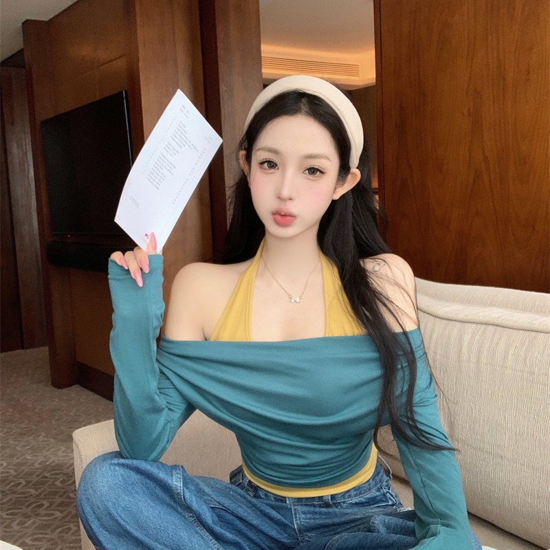 BY32391# 辣式韩女香肩定律假两件拼色挂脖上衣女 服裝批發女裝批發服飾貨源