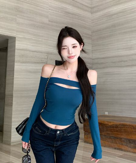 실사 정가 남자 센스 등고선 순수한 욕망 섹시함 홀로우 아웃 디자인 오프숄더 몸매 가꾸기 티셔츠 긴팔 맨위 여성