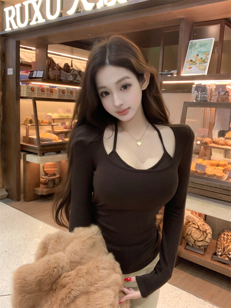 MY17461# 掐腰显瘦修身方领挂脖打底衫女裝貨源服裝批發