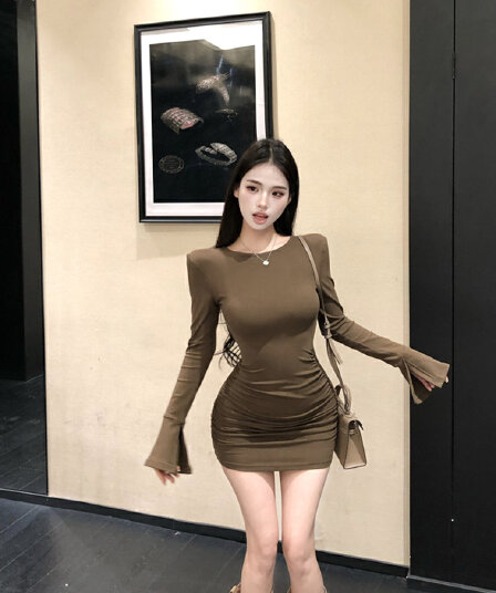 실사 정가 섹시함 순수한 욕망 몸매 가꾸기 펌프 Pleat 나팔 소매 타이트 스커트 미니 스커트 드레스