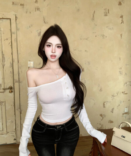 실사 정가 섹시함 비스듬한 어깨 긴팔 티셔츠 몸매 가꾸기 슬림해 보이는 만나는