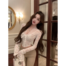 批发实拍实价黑色V领蕾丝<b class='q'>衫</b>女冬<b class='q'>镂空</b>纯欲长袖百搭上衣