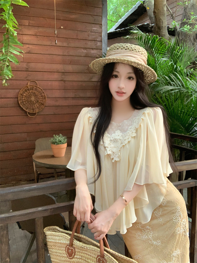 실사 정가 프랑스식 V넥 무거운 작업 3 차원 레이스 조각 망토 여성 여름 자외선 차단 작은 셔츠 부드러운 맨위