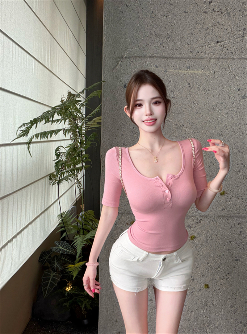 실사 정가 순수한 욕망 달콤한 매운맛 바람 티셔츠 여성 새로운 타이트 반팔 한 부서 chic Chic 작은 맨위