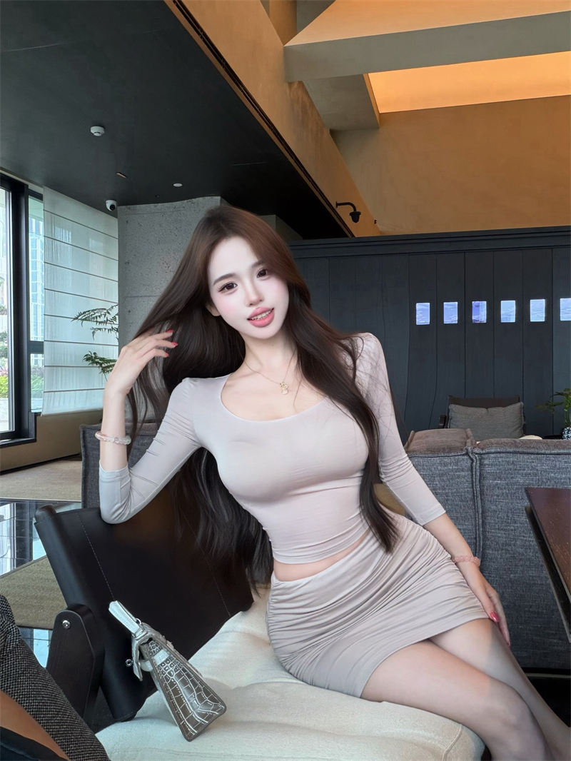 실사 진짜 원자가 밴드 인사이드 바지 주름 반신 스커트 u 칼라 7부 소매 맨위 세트 여성 여름
