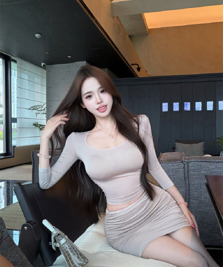 실사 진짜 원자가 밴드 인사이드 바지 주름 반신 스커트 u 칼라 7부 소매 맨위 세트 여성 여름