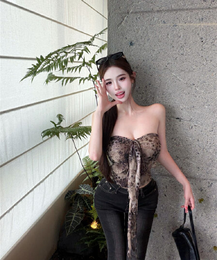 실사 정가 레트로 레오파드 무늬 나비 매듭 튜브탑 캐미솔 여름 품격 섹시함 쇼트 스타일