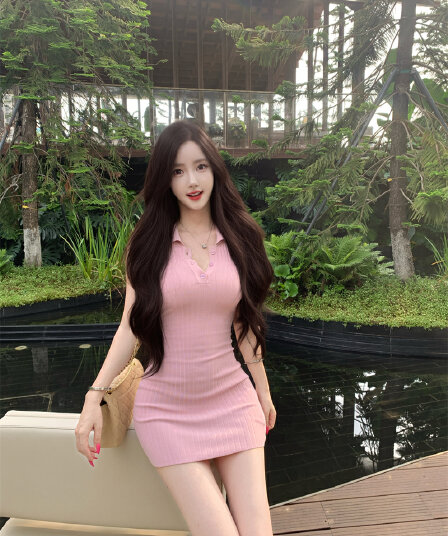 실사 정가 딸기 소프트 캔디 핑크색 폴로 칼라 민소매 조끼 여성 드레스 봄 여름 타이트 스커트 천천히 여단 치마