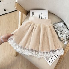 批发蕾丝花边拼接A字半身裙女2025秋冬新款百搭防走光短裙毛绒蓬蓬裙