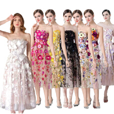 批发法式高端女装<b class='q'>连衣裙</b>夏季重工立体花朵刺绣收腰显瘦抹胸礼服长裙子