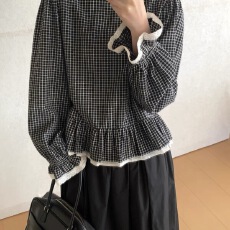 批发韩国东大门代购 2026新款<b class='q'>韩版</b>蕾丝花边格子衬衫上衣女