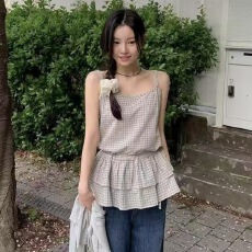 批发韩国<b class='q'>东大门</b><b class='q'>代购</b> 2026新款韩版格子抽绳百搭吊带上衣女