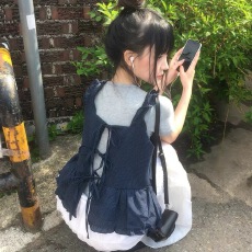 批发韩国<b class='q'>东大门</b><b class='q'>代购</b> 2026新款韩版格子系带荷叶边吊带前后两穿女上衣