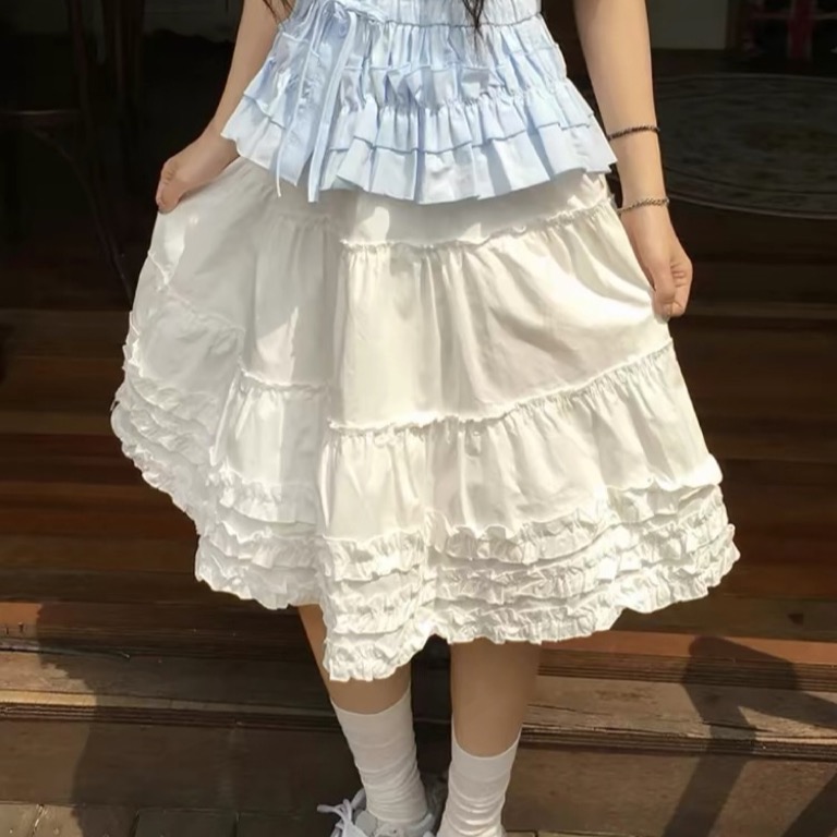 있음 창고 한 부서 레트로 케이크 레이스 발레 바람 하이웨이스트 다용도 슬림해 보이는 A라인 스커트 반신 스커트