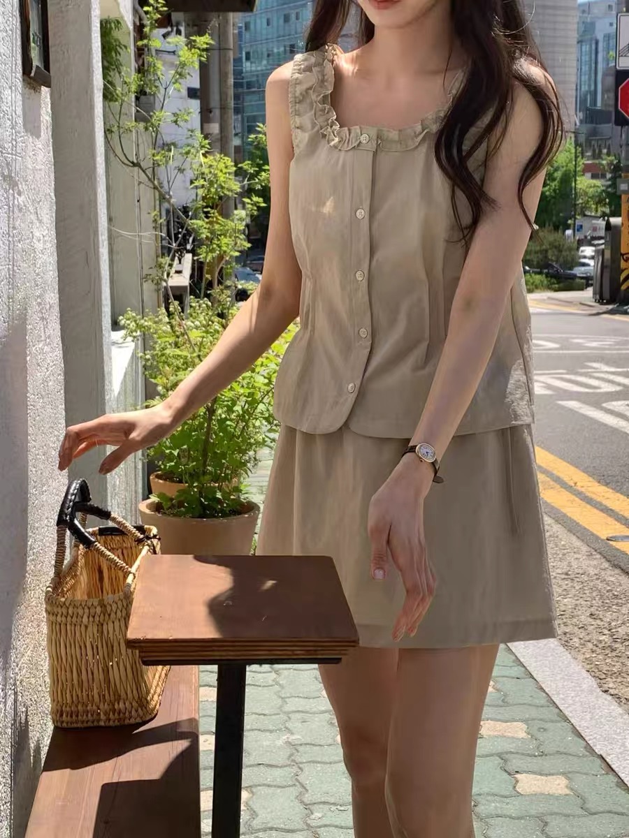 한국 동대문 2026 새로운 한국 스타일 다용도 프릴 승인 바지 세트 여성