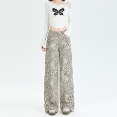 批发2026春季新款豹纹牛仔长裤女美式高腰宽松休闲百搭直筒阔腿拖地裤