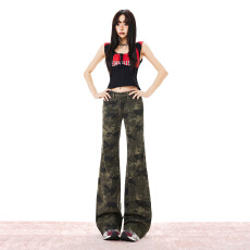 批发2026年春夏新款<b class='q'>迷彩</b>牛仔长<b class='q'>裤</b>女美式低腰宽松百搭不贴腿阔腿喇叭<b class='q'>裤</b>